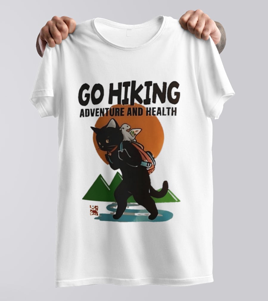 Go Hiking Adventure And Health Black Cat With Backpack And Bird T-Shirt