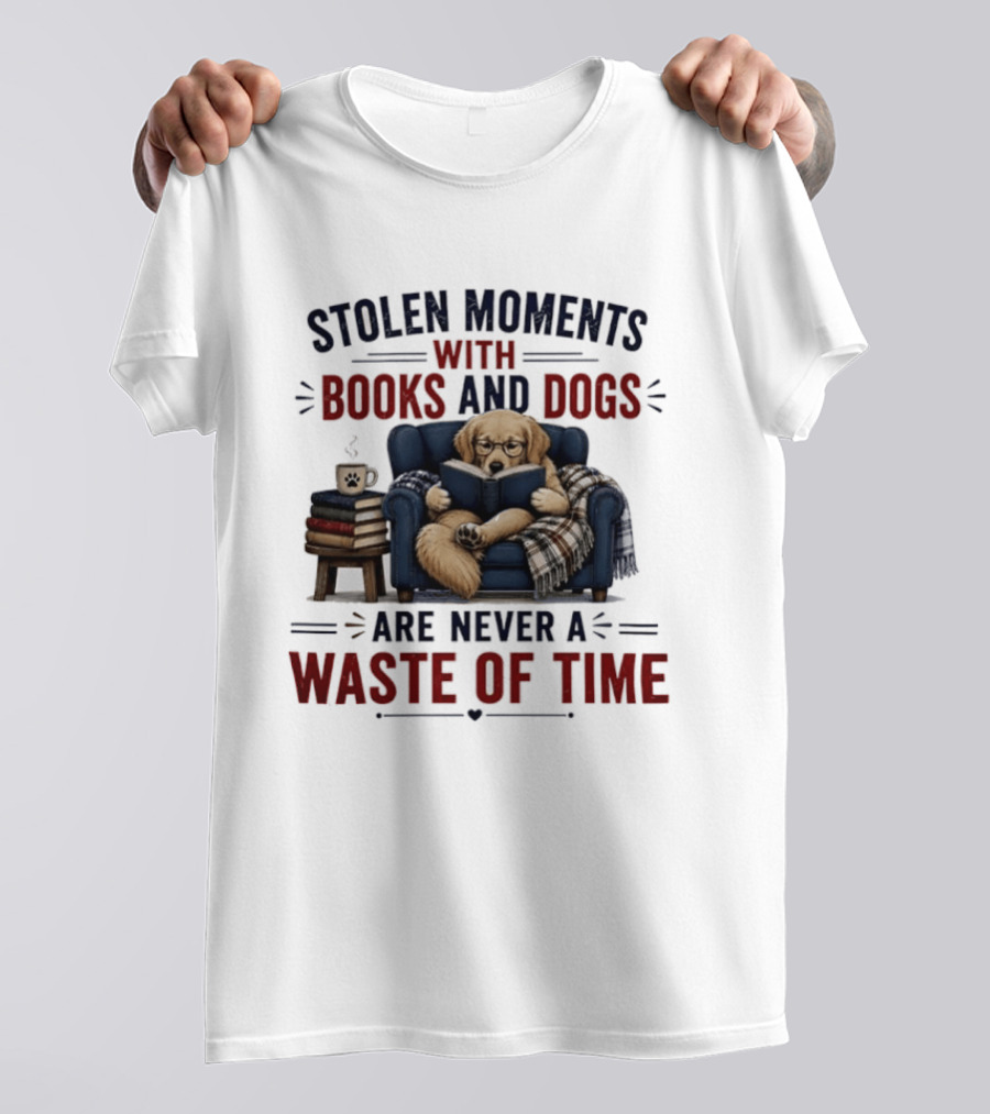 Stolen Moments With Books And Dogs Are Never A Waste Of Time Golden Retriever Reading T-Shirt