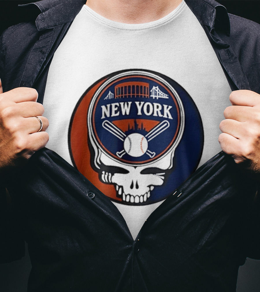 New York Mets Grateful Dead Skull Baseball Orange Blue Stadium T-Shirt