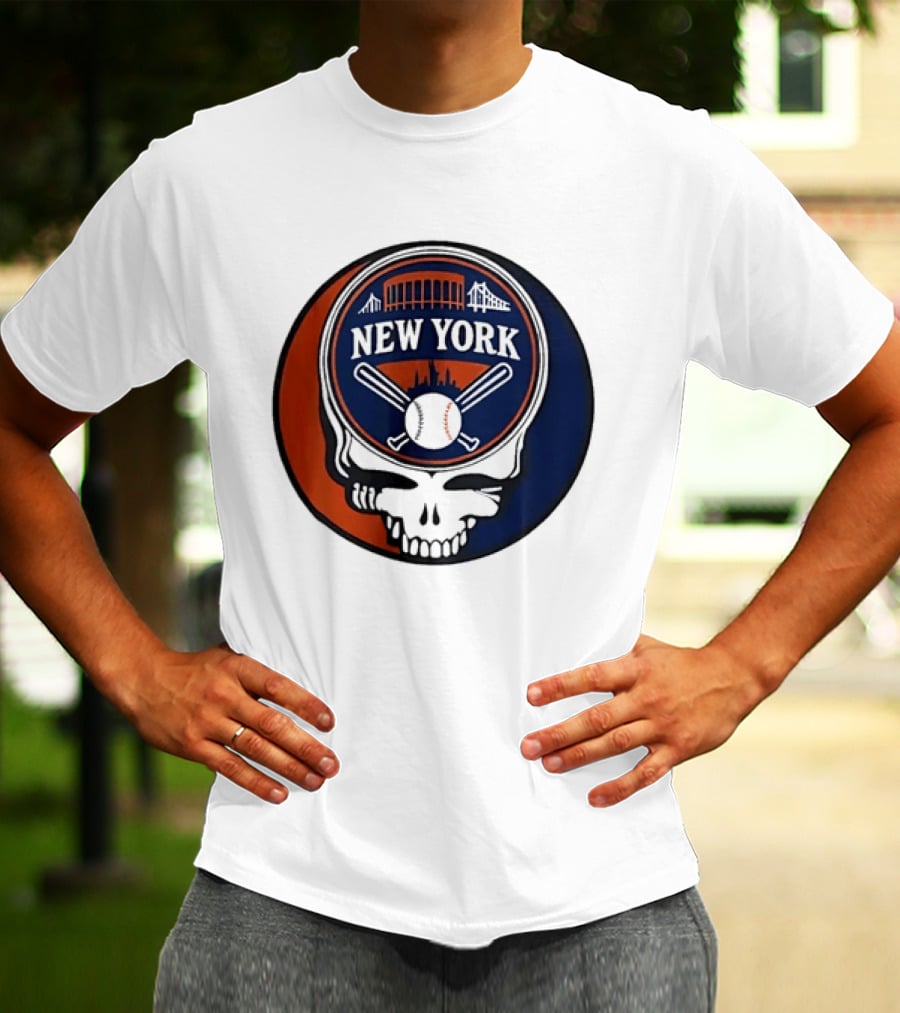New York Mets Grateful Dead Skull Baseball Orange Blue Stadium T-Shirt