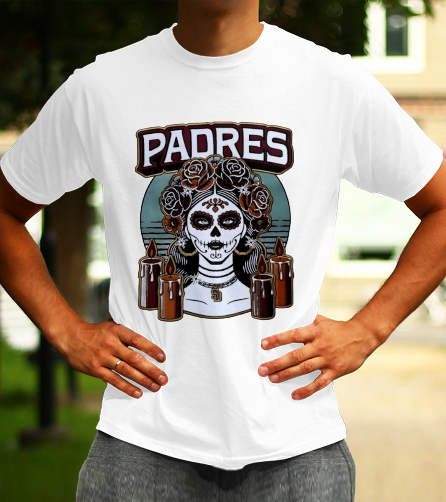 Padres Sugar Skull Woman With SD Pendant And Candles T-Shirt