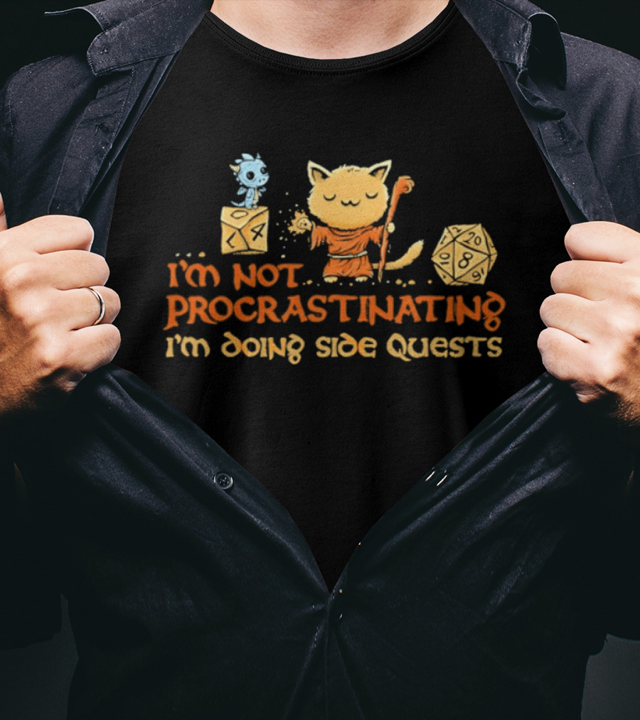I'm Not Procrastinating I'm Doing Side Quests Cat Wizard Magic Adventure T-Shirt