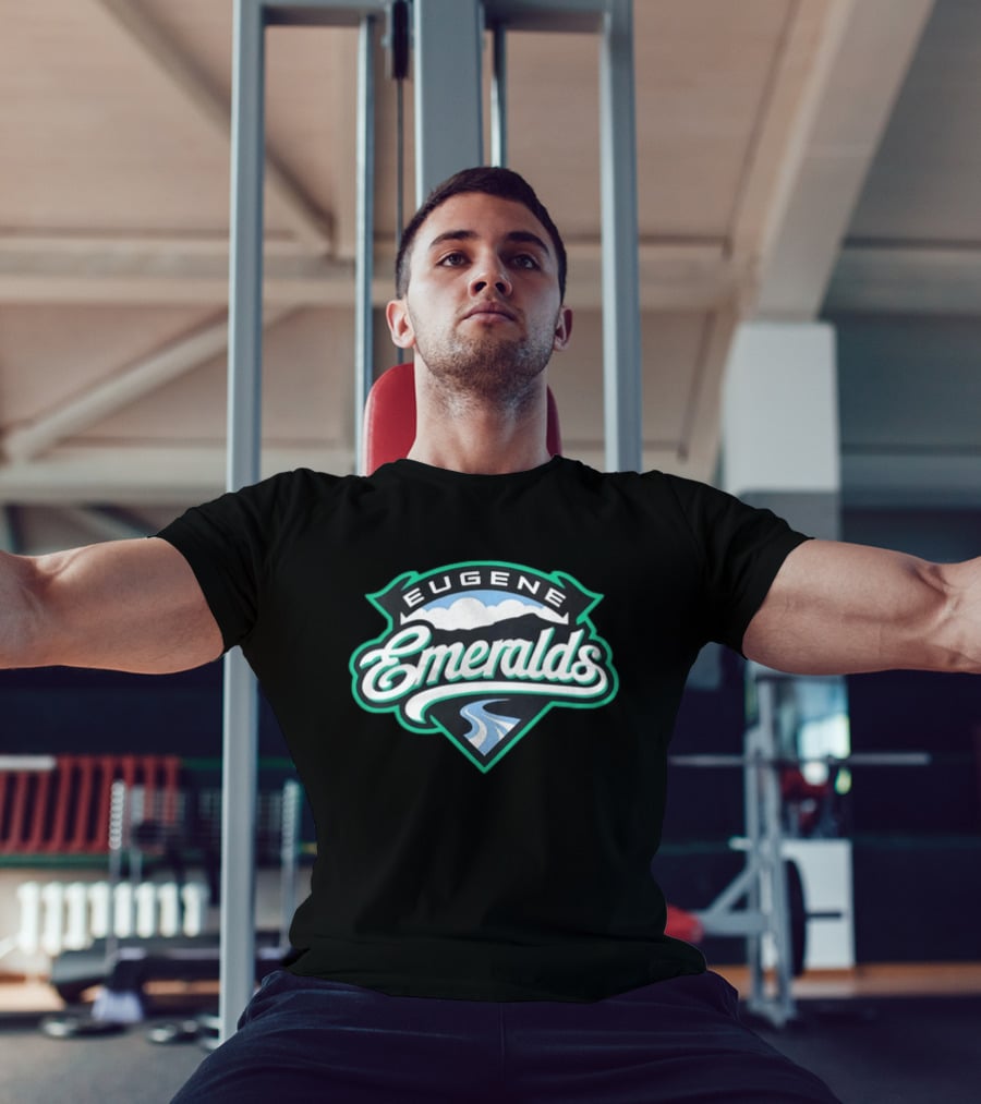 Eugene Emeralds Baseball Team Green Crest With Mountains And River Motif T-Shirt