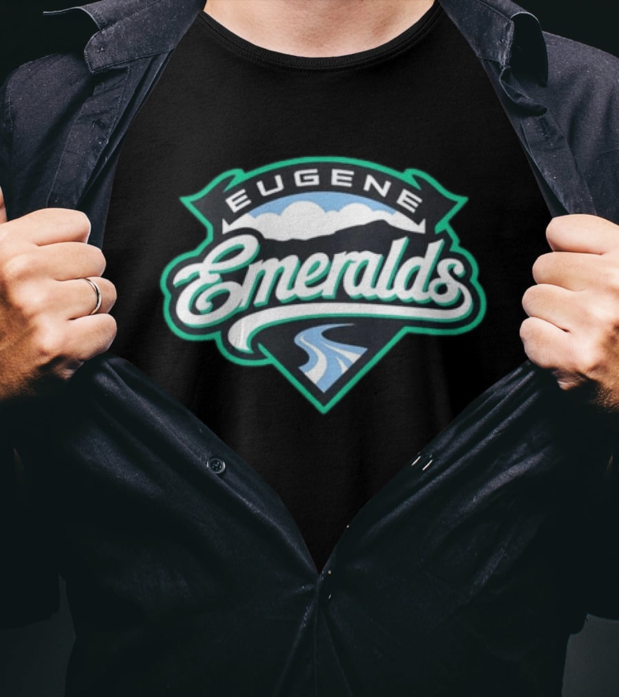 Eugene Emeralds Baseball Team Green Crest With Mountains And River Motif T-Shirt