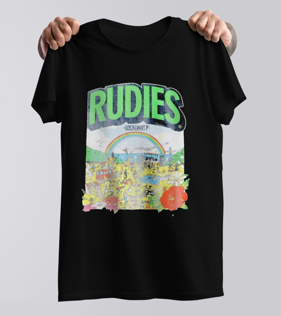 Rudie's 35th Anniversary Local Party Featuring 10 Feet G Freak Factory Dustboz Colorful Celebration With Rainbow And Flowers T-Shirt