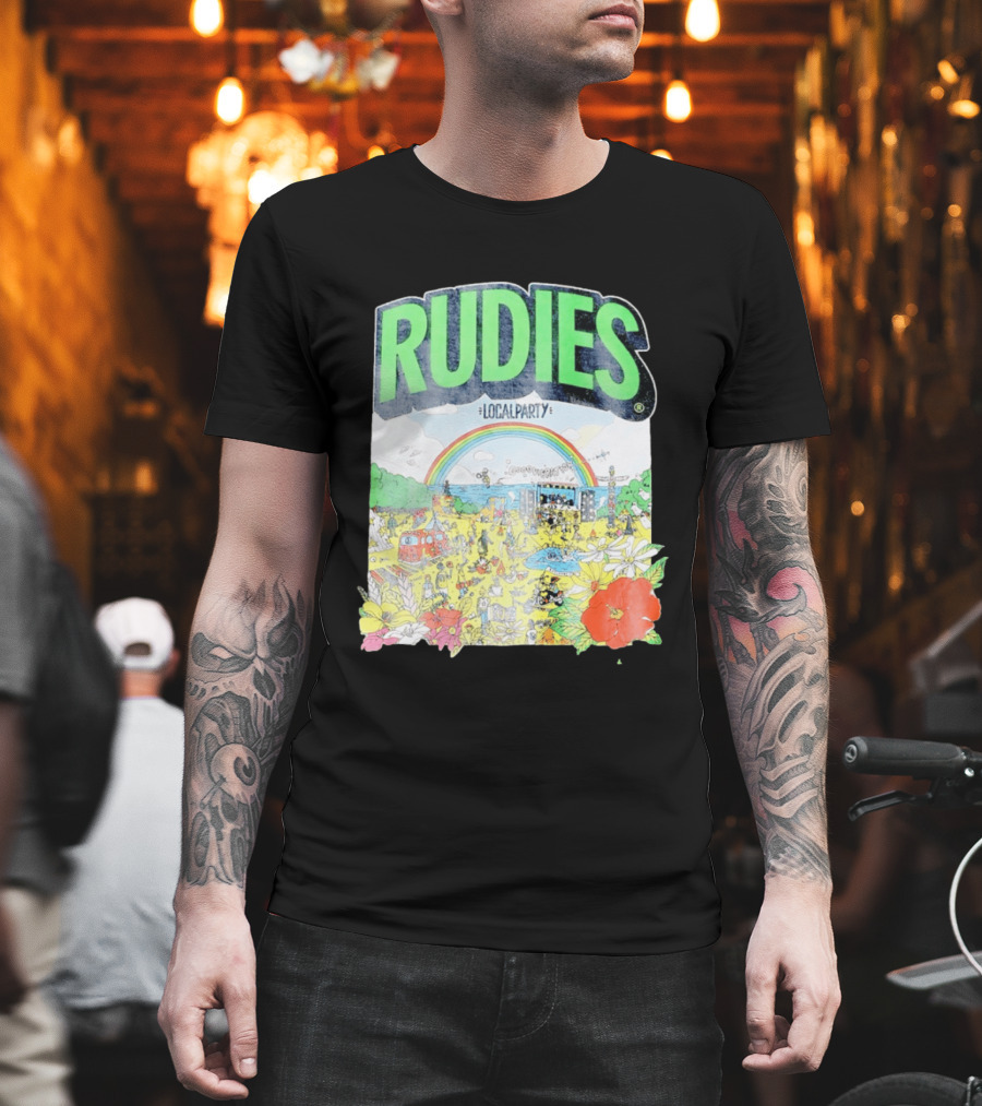 Rudie's 35th Anniversary Local Party Featuring 10 Feet G Freak Factory Dustboz Colorful Celebration With Rainbow And Flowers T-Shirt