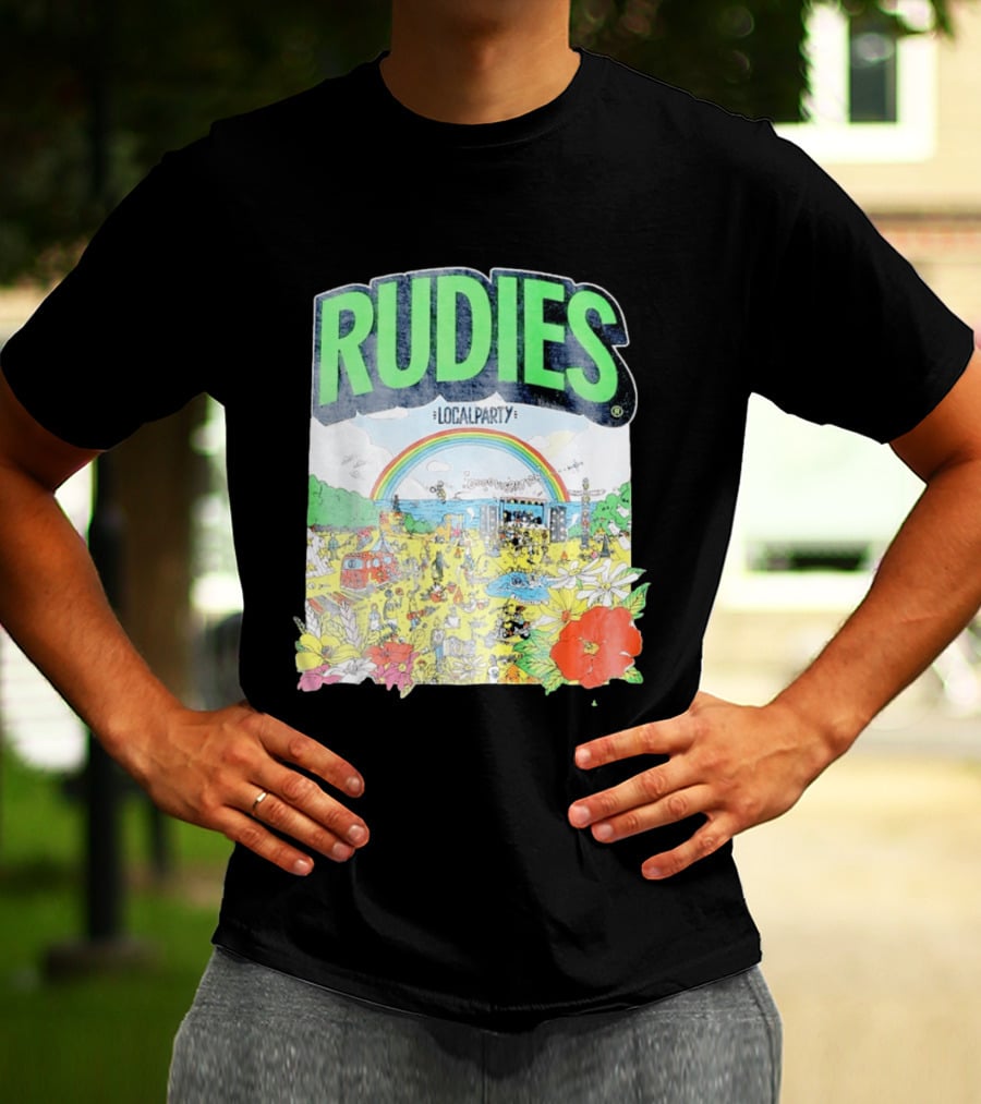 Rudie's 35th Anniversary Local Party Featuring 10 Feet G Freak Factory Dustboz Colorful Celebration With Rainbow And Flowers T-Shirt