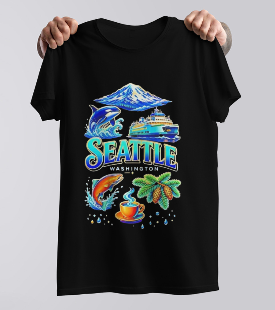 Seattle Washington Orca Whale Ferry Salmon Coffee Pine Cones Mount Rainier T-Shirt