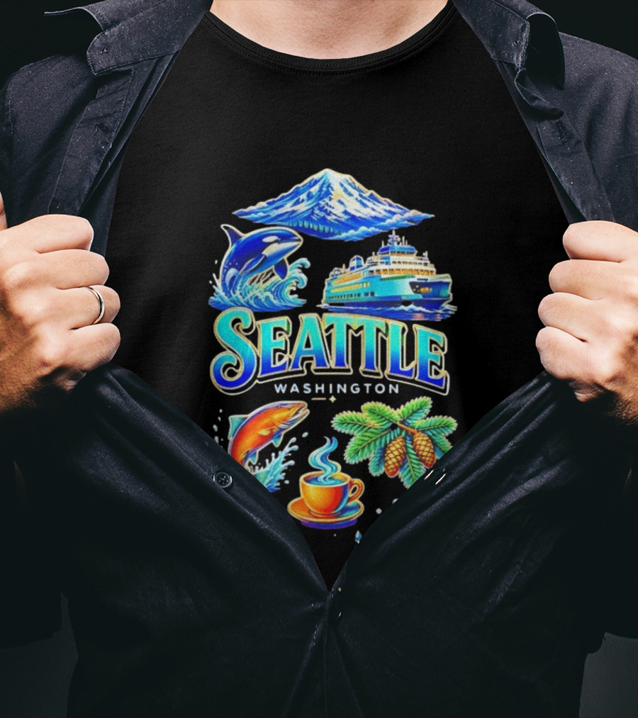 Seattle Washington Orca Whale Ferry Salmon Coffee Pine Cones Mount Rainier T-Shirt