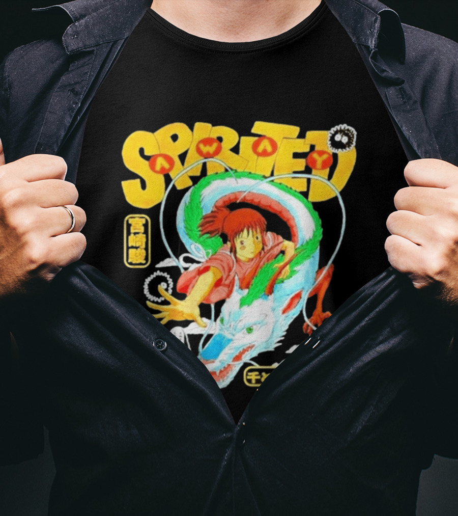 Spirited Away Chihiro Riding Haku Dragon Japanese Text No Face Soot Sprites T-Shirt