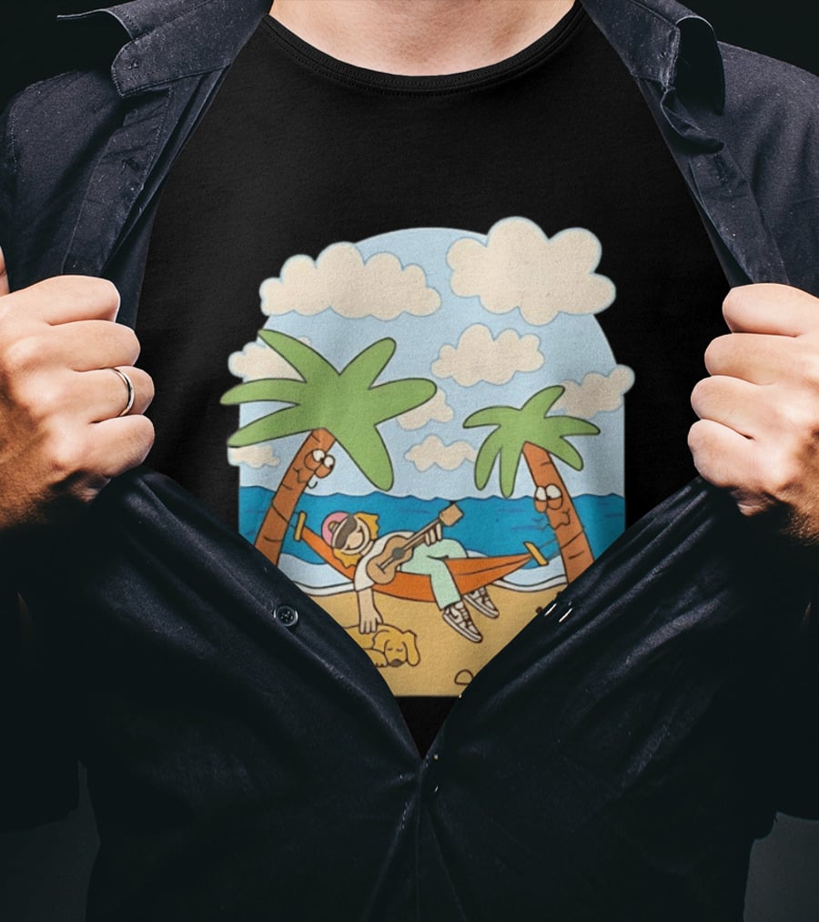Hammock Guitar Player With Sleeping Dog On Tropical Beach Scene T-Shirt