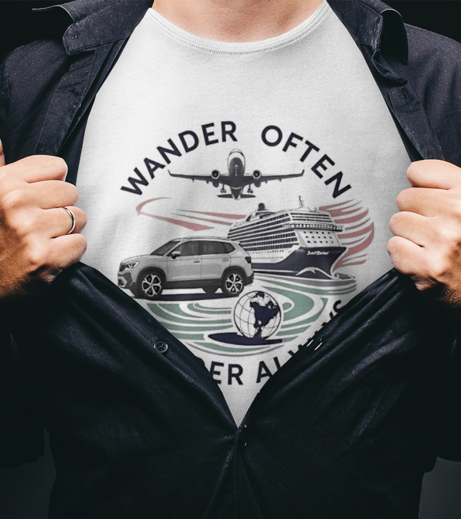 Wander Often Wonder Always Plane Car Ship Travel Adventure T-Shirt