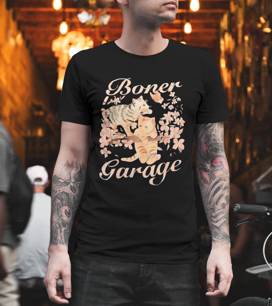 Boner Garage Cats Cherry Blossoms And Butterfly T-Shirt