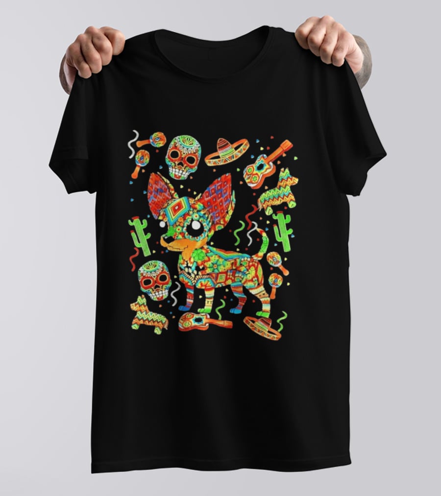 Fiesta Chihuahua Mexican Dia De Los Muertos Colorful Skull Sombrero Cactus Dog T-Shirt