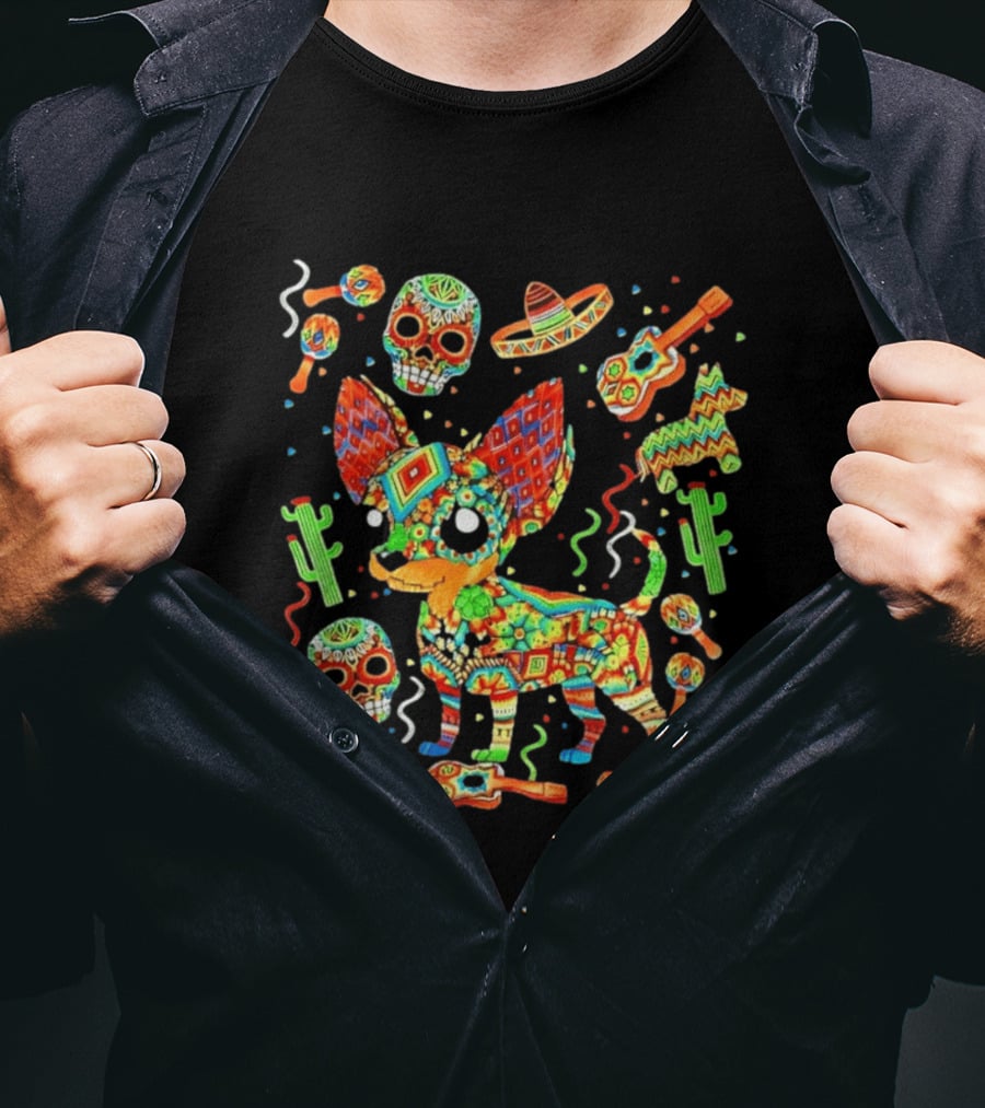Fiesta Chihuahua Mexican Dia De Los Muertos Colorful Skull Sombrero Cactus Dog T-Shirt