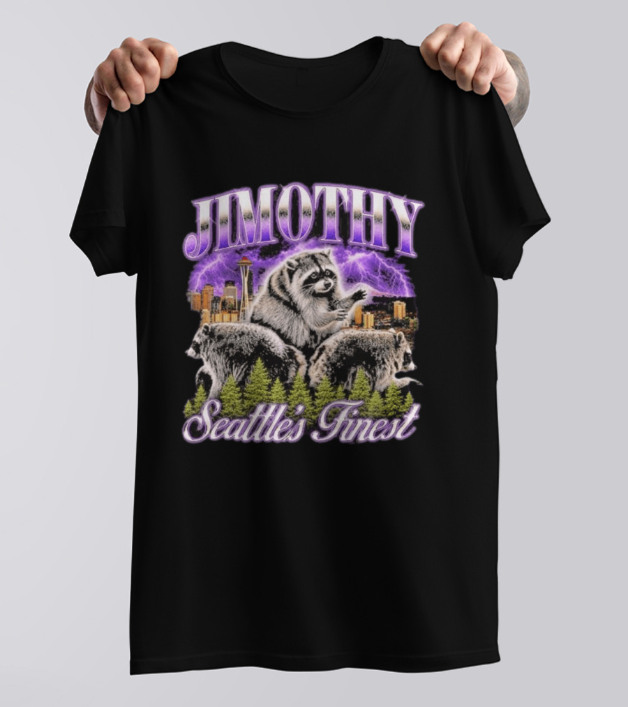 Jimothy Raccoon Seattle's Finest Purple Lightning Skyline And Forest T-Shirt