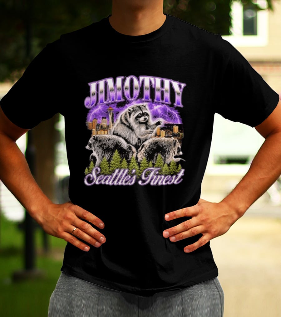Jimothy Raccoon Seattle's Finest Purple Lightning Skyline And Forest T-Shirt