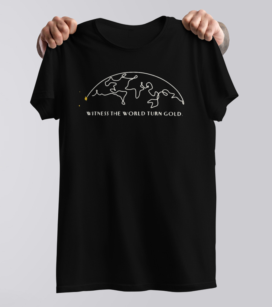 Witness The World Turn Gold Inspirational Line Art Globe T-Shirt