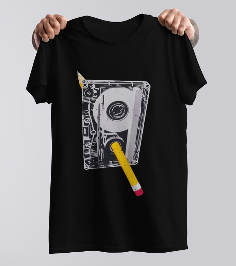 Rewind The Past Cassette Tape Pencil T-Shirt