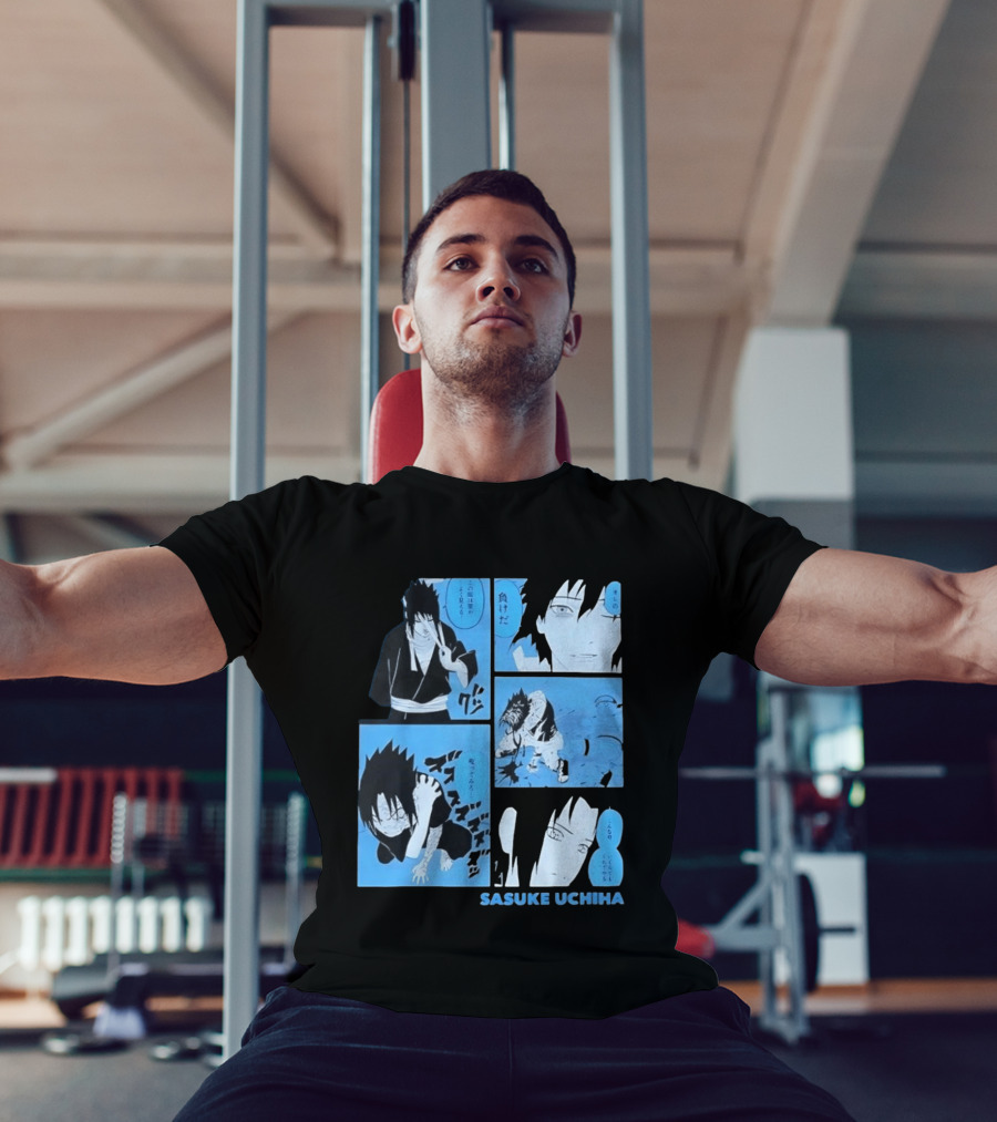 Sasuke Uchiha Cursed Seal Battle Manga Panels Blue Version T-Shirt