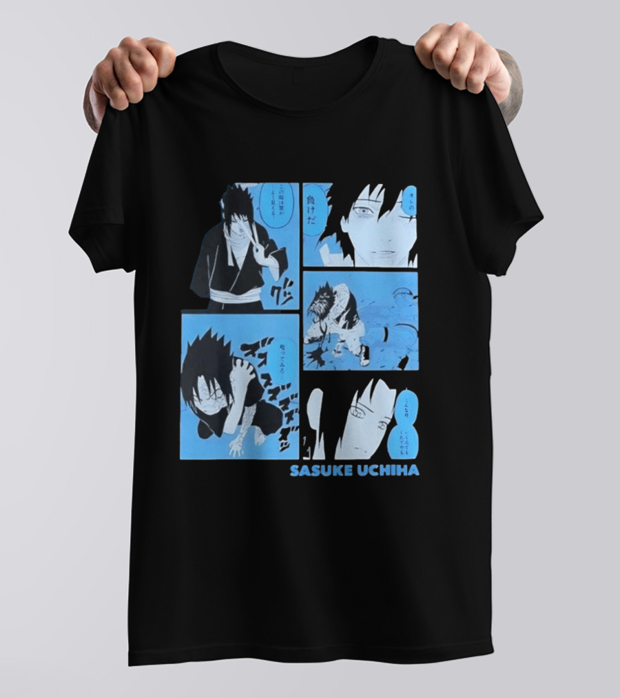 Sasuke Uchiha Cursed Seal Battle Manga Panels Blue Version T-Shirt