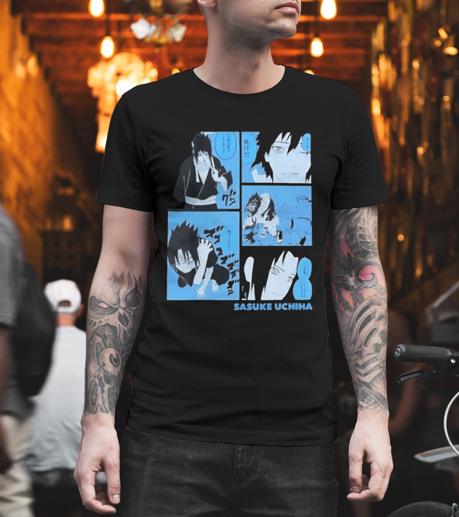 Sasuke Uchiha Cursed Seal Battle Manga Panels Blue Version T-Shirt