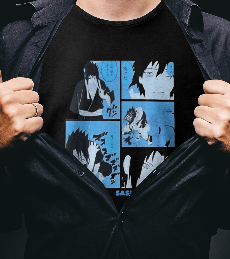 Sasuke Uchiha Cursed Seal Battle Manga Panels Blue Version T-Shirt