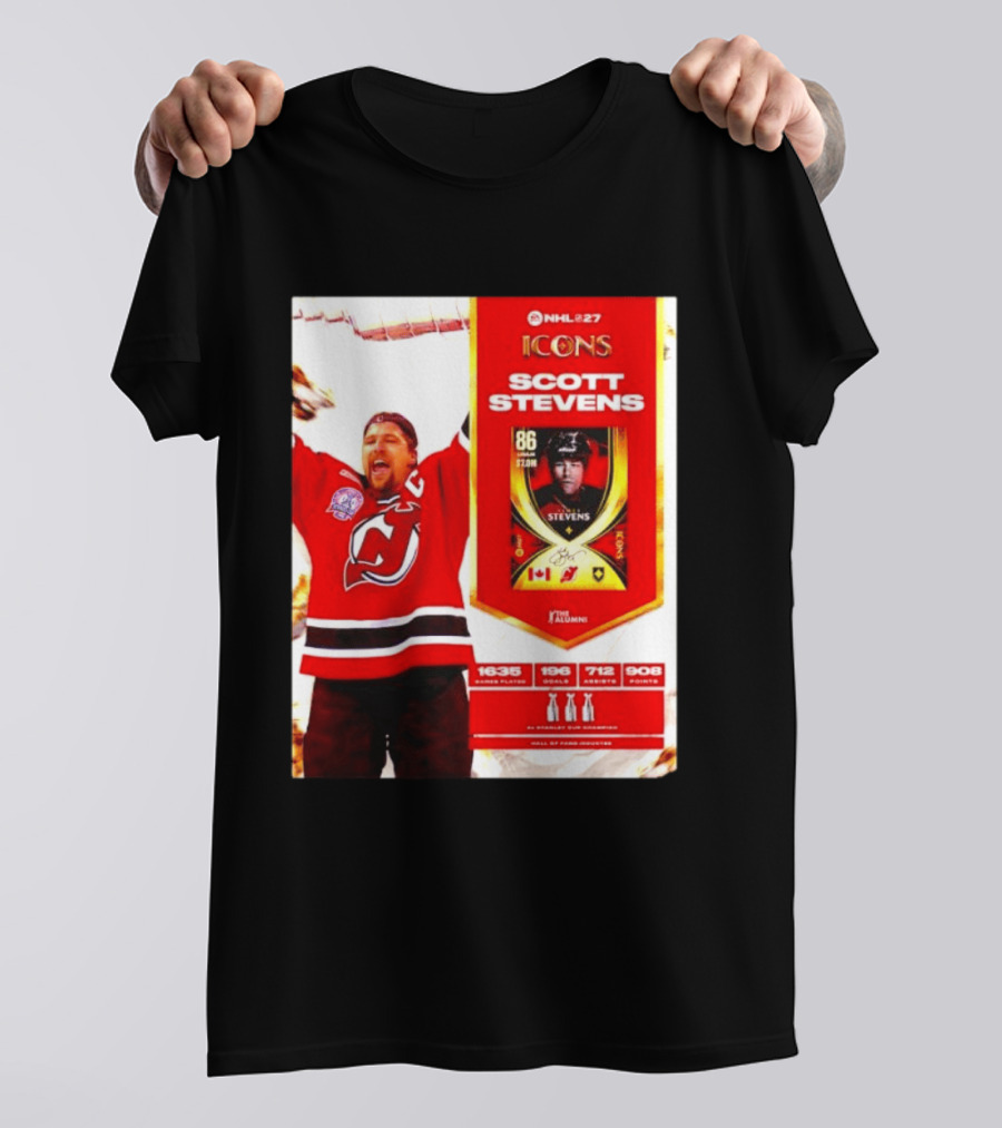 NHL 27 Icons Scott Stevens New Jersey Devils Hall Of Fame Legend T-Shirt