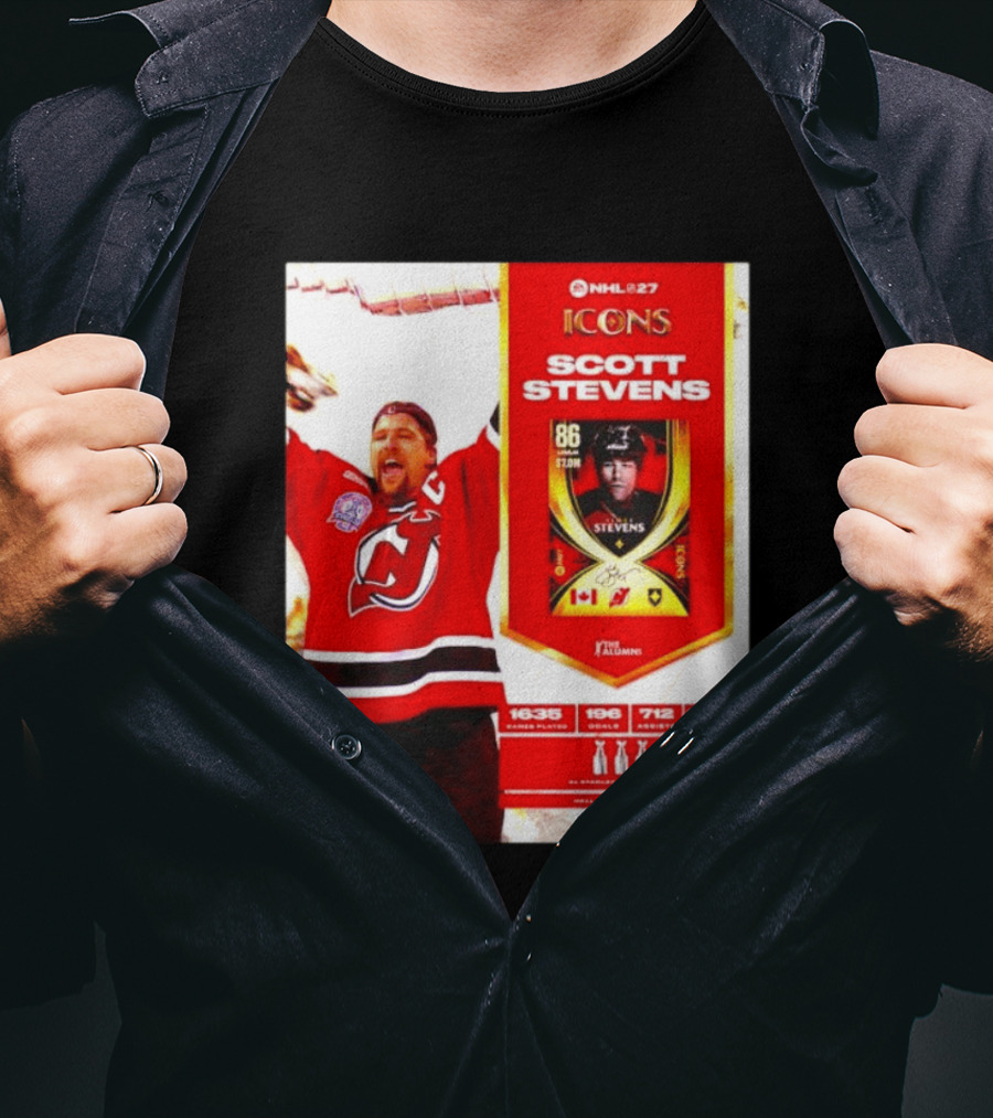 NHL 27 Icons Scott Stevens New Jersey Devils Hall Of Fame Legend T-Shirt