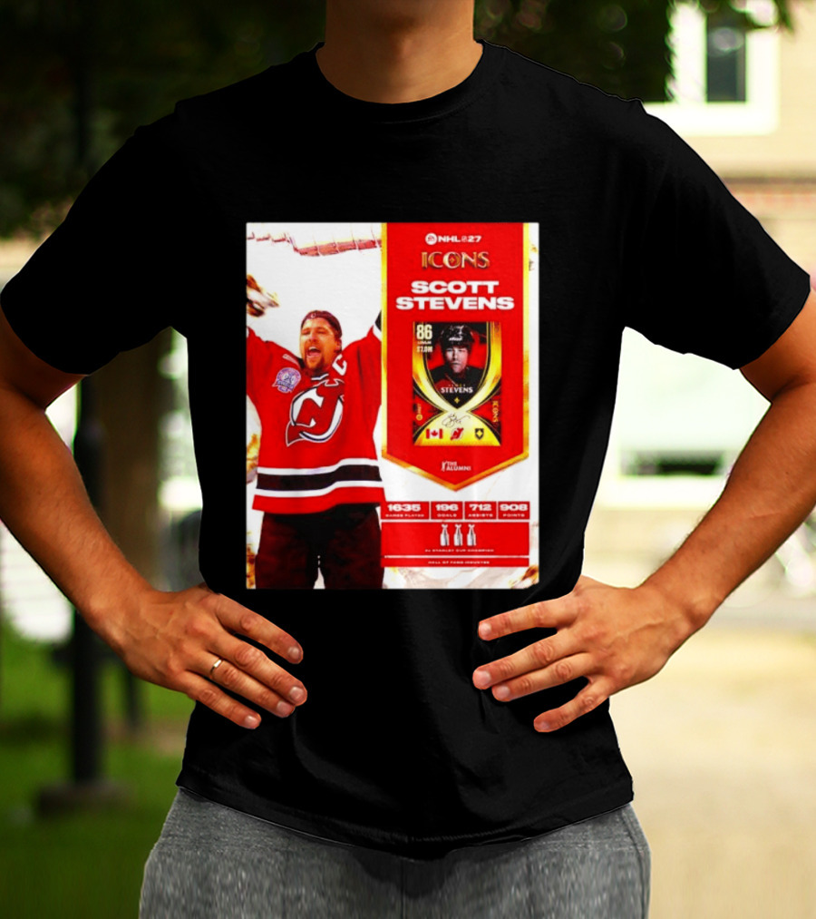 NHL 27 Icons Scott Stevens New Jersey Devils Hall Of Fame Legend T-Shirt
