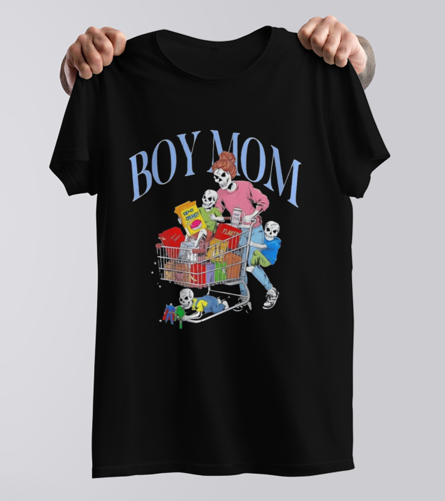 Boy Mom Skeleton With Kids Pushing Shopping Cart Eating Cereal T-Shirt