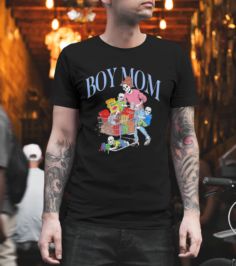 Boy Mom Skeleton With Kids Pushing Shopping Cart Eating Cereal T-Shirt