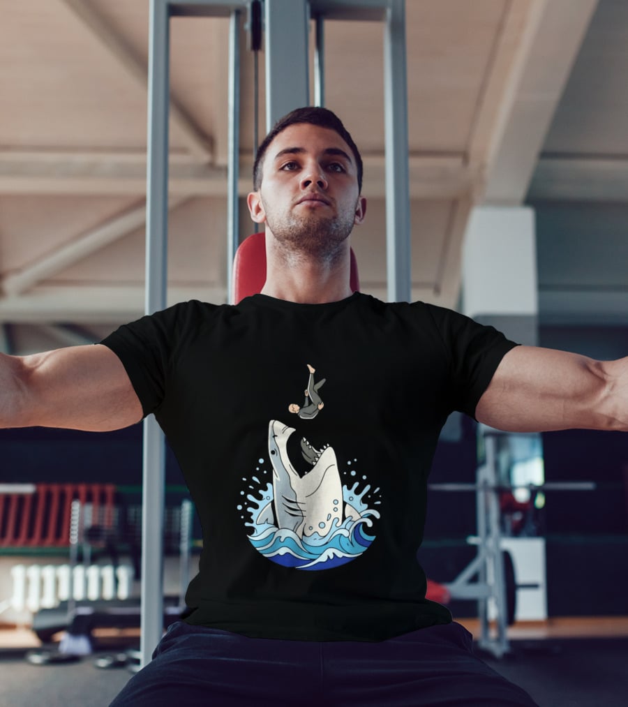 Great White Shark Surfer Falling Water Splash Scene T-Shirt