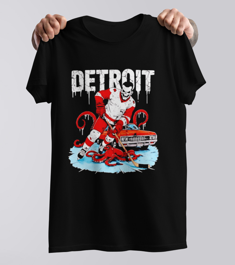 Detroit Hockey Skeleton Octopus Muscle Car T-Shirt