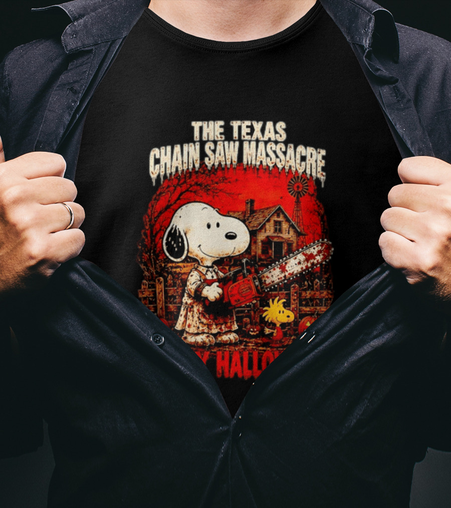 Snoopy Woodstock The Texas Chain Saw Massacre Happy Halloween Scene T-Shirt