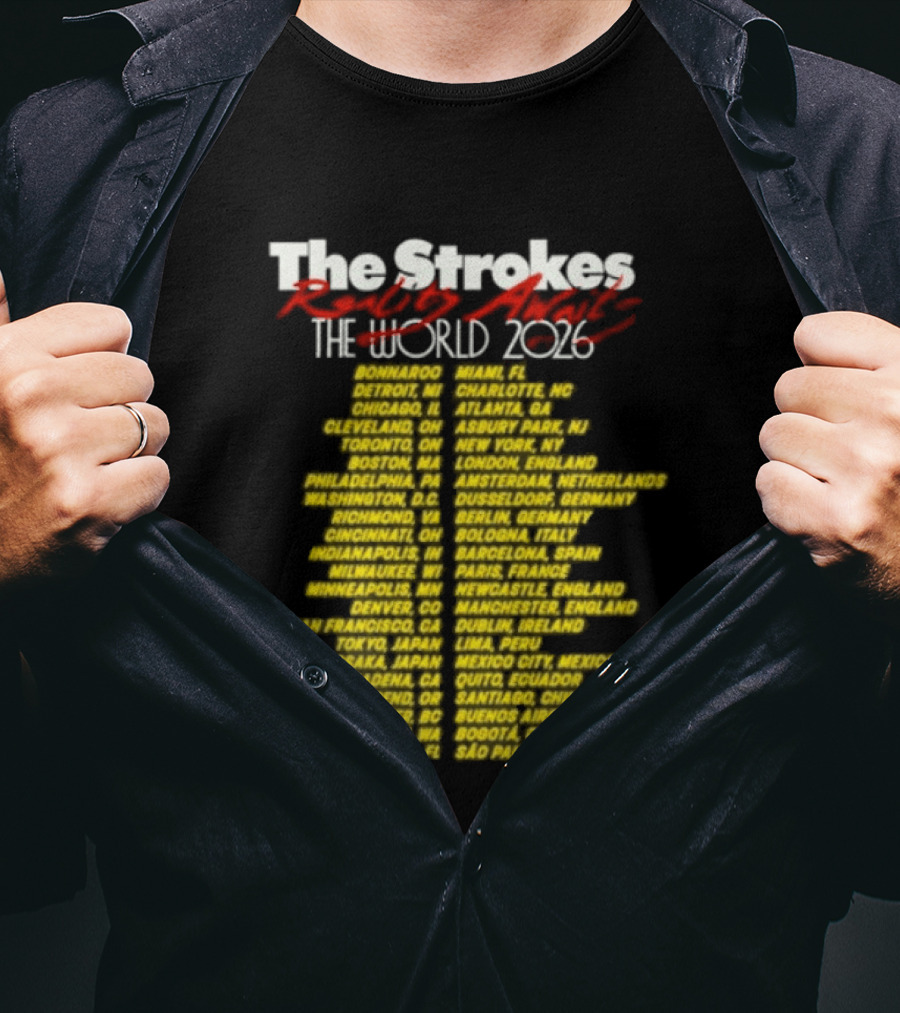 The Strokes Reality Awaits The World Tour 2024 Cities List T-Shirt