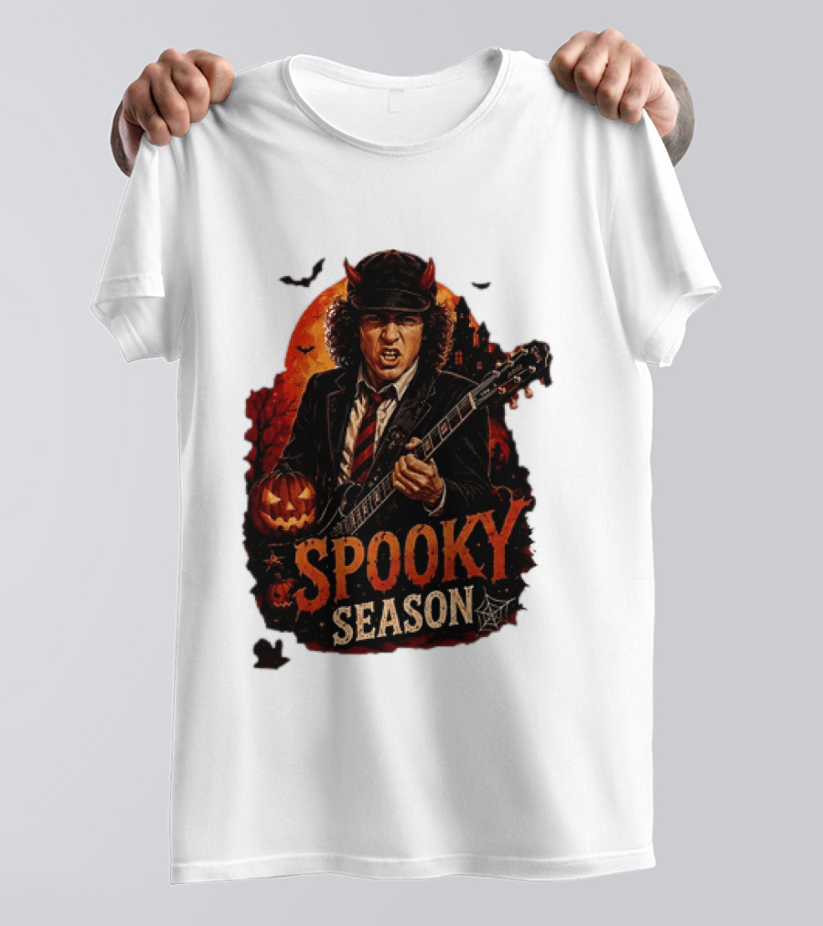 Spooky Season Angus Young Halloween AC DC Inspired Pumpkin Guitar T-Shirt