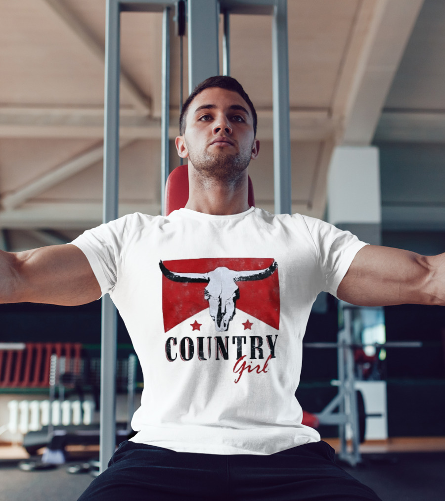 Country Girl Western Bull Skull Red Star Banner T-Shirt