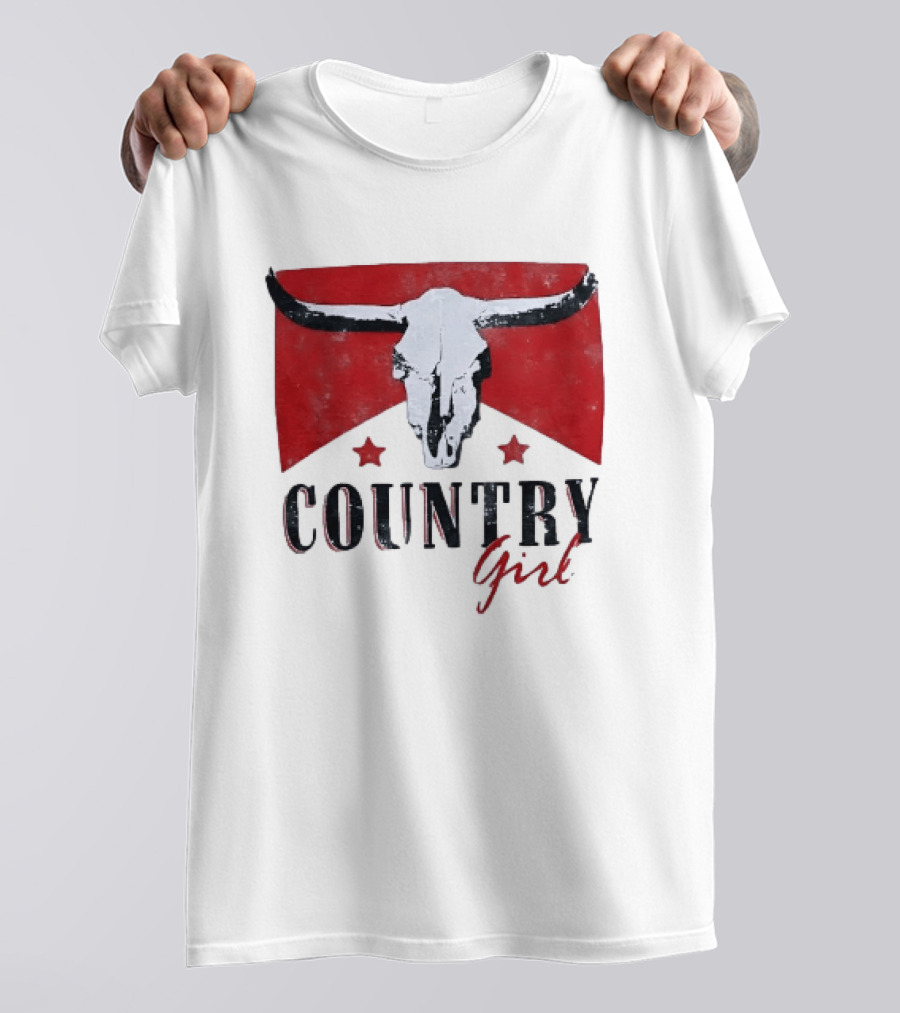 Country Girl Western Bull Skull Red Star Banner T-Shirt