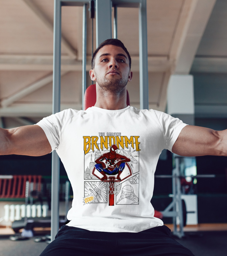 The Amazing Brndnme Spider Man Squatting On Basketball Hoop Cityscape Comic Panels T-Shirt