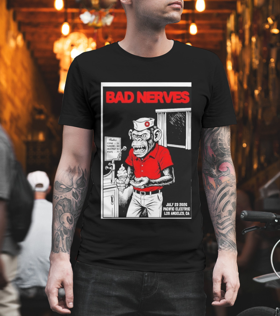 Bad Nerves July 23 2026 Pacific Electric Los Angeles Monkey Ice Cream Server Comic T-Shirt