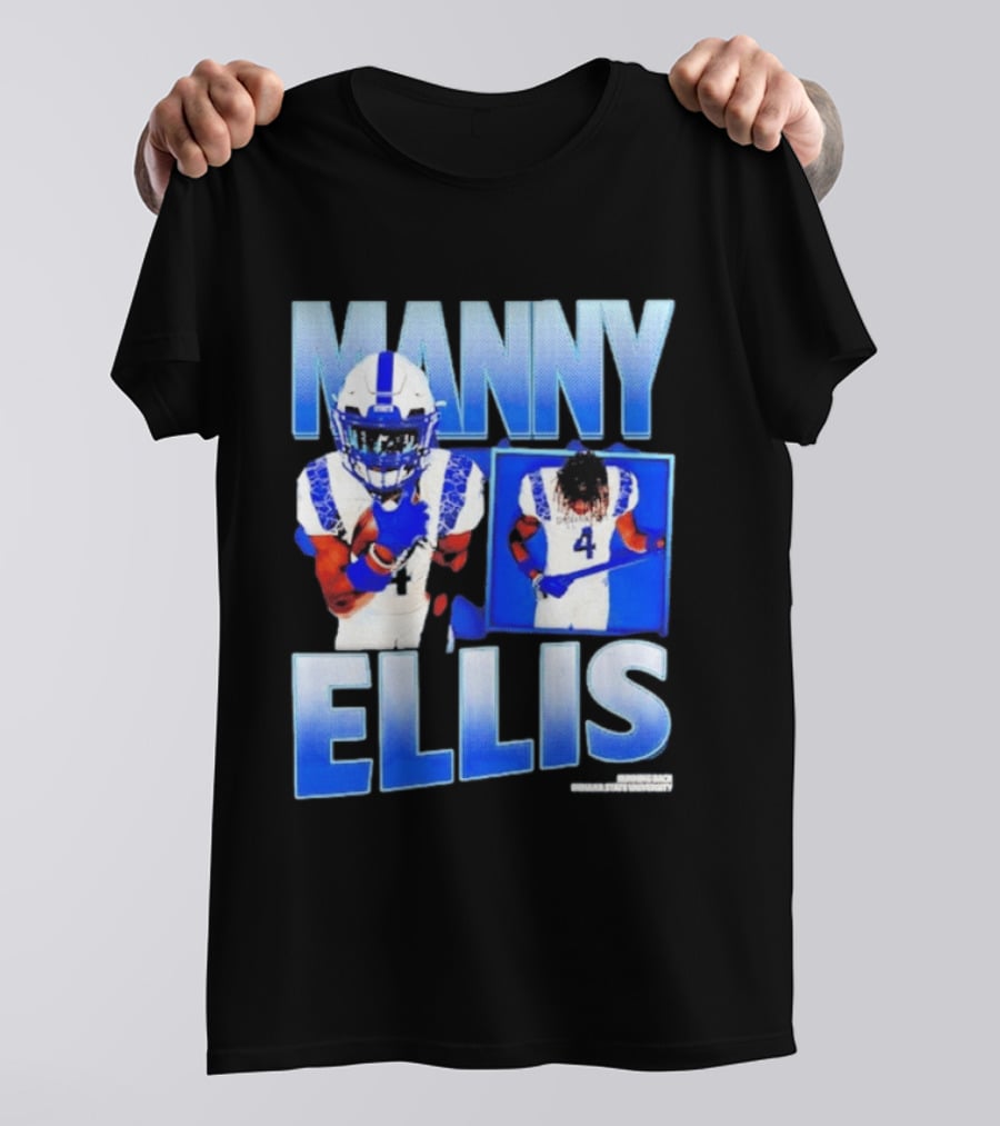Manny Ellis Indiana State Running Back Football Jersey Number 4 Blue And White T-Shirt