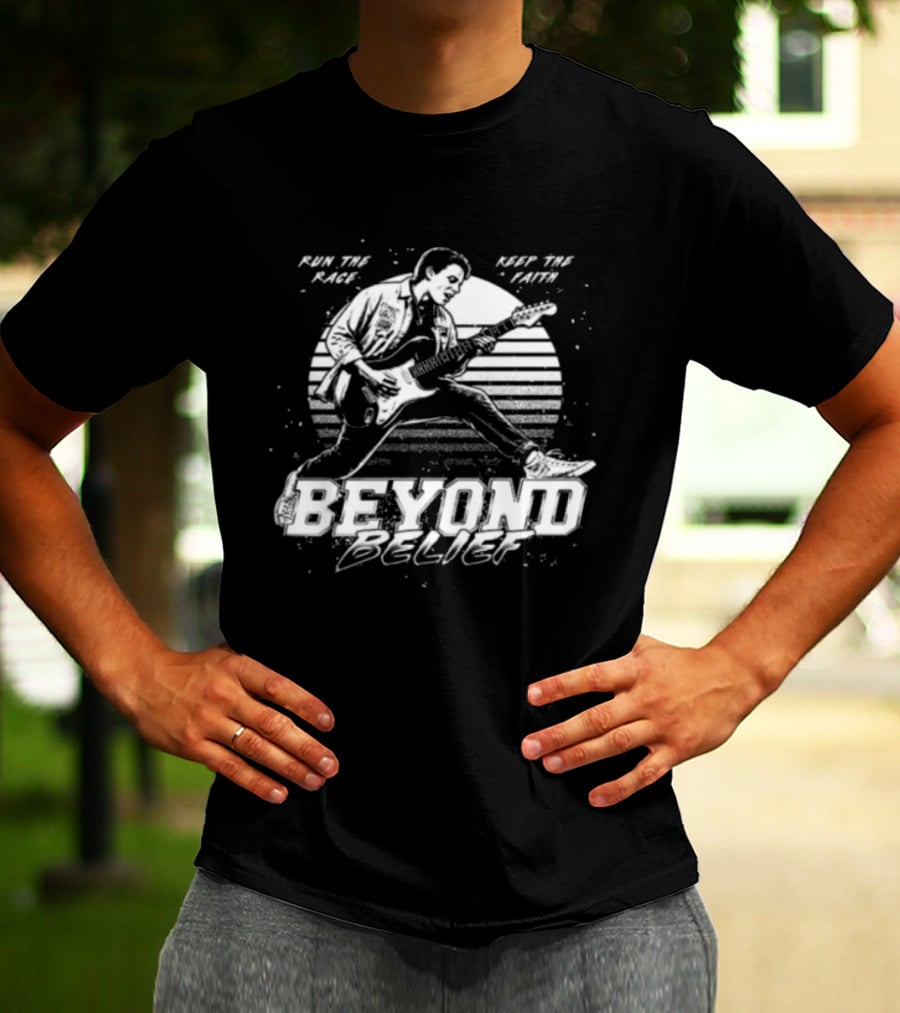 Girder Music Store Beyond Belief Run The Race Keep The Faith Guitar Player T-Shirt