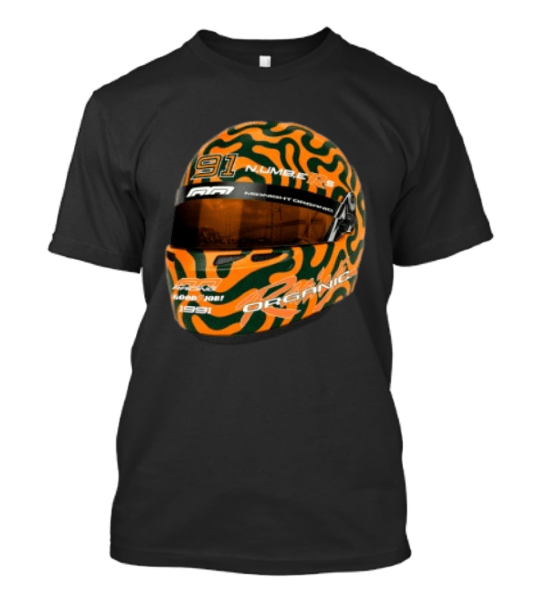 Midnight Organic Store Formula Helmet 91 Number 1991 RPM Orange Green T-Shirt