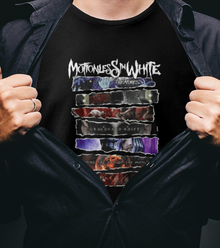 Motionless In White Creatures Infamous Reincarnate Graveyard Shift Disguise Scoring The End Of The World Decades T-Shirt