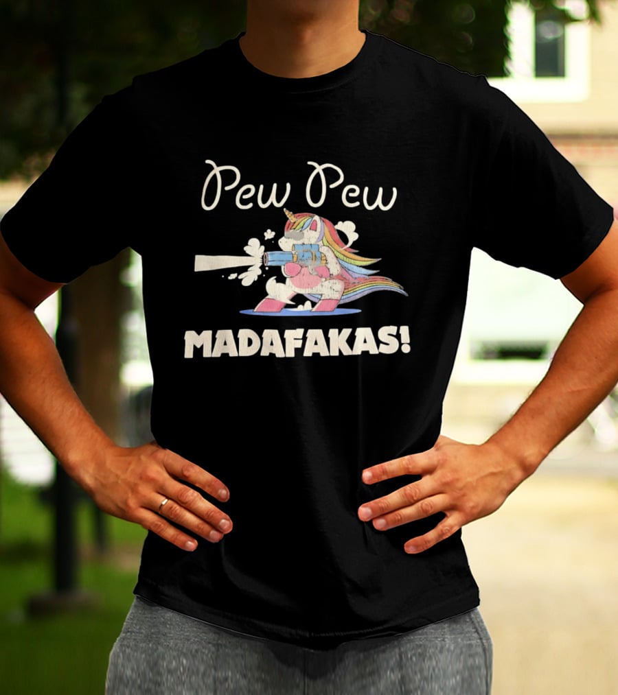 Pew Pew Madafakas Distressed Unicorn Funny Meme T-Shirt