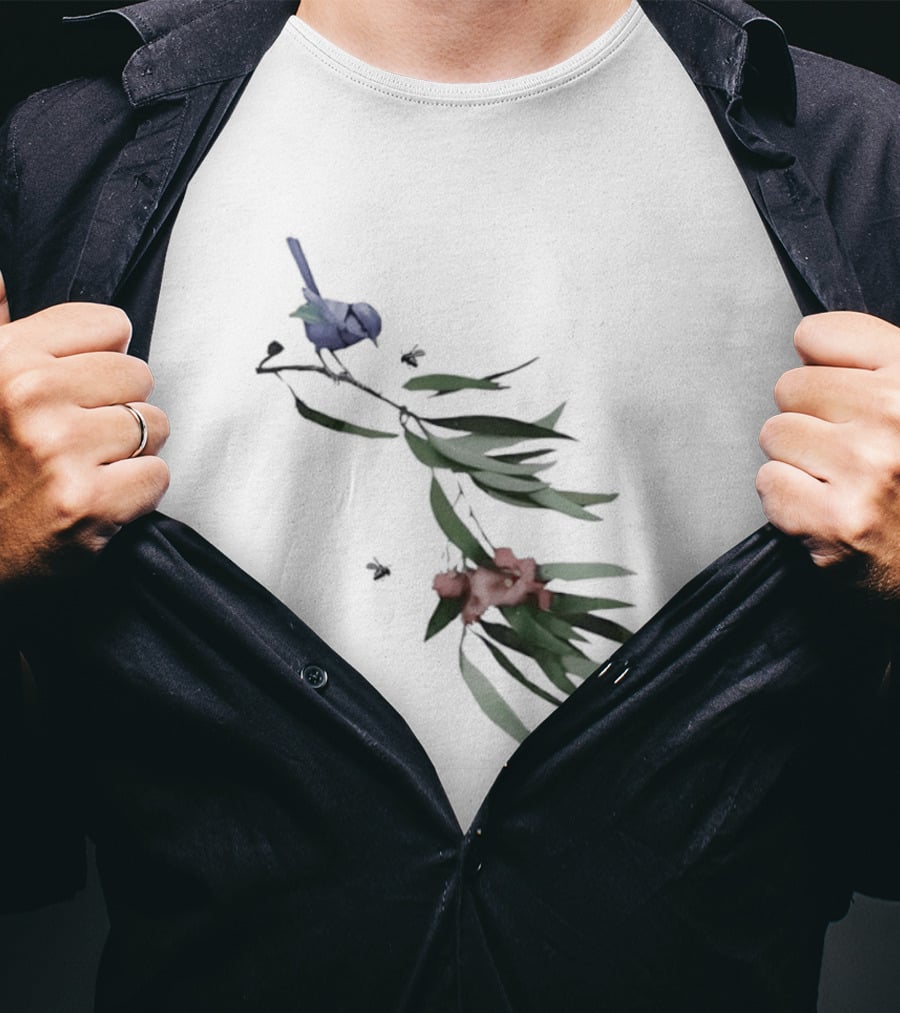 Blue Wren On Eucalyptus Branch With Red Blossoms Bird T-Shirt