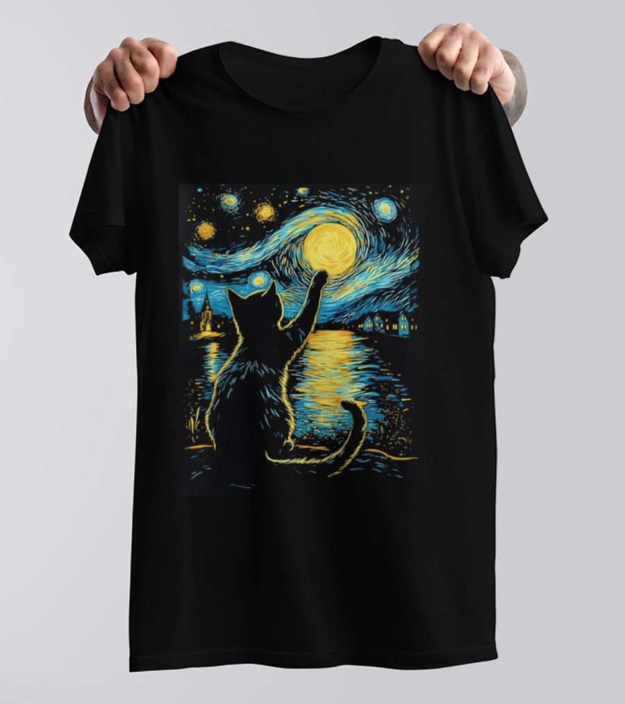 Cat Reaching For The Moon Starry Night Van Gogh Inspired Scene T-Shirt
