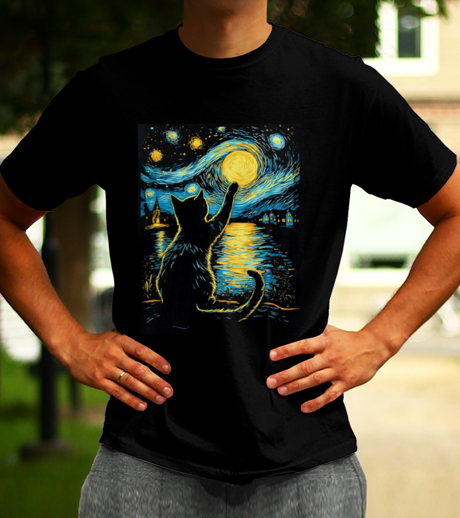 Cat Reaching For The Moon Starry Night Van Gogh Inspired Scene T-Shirt