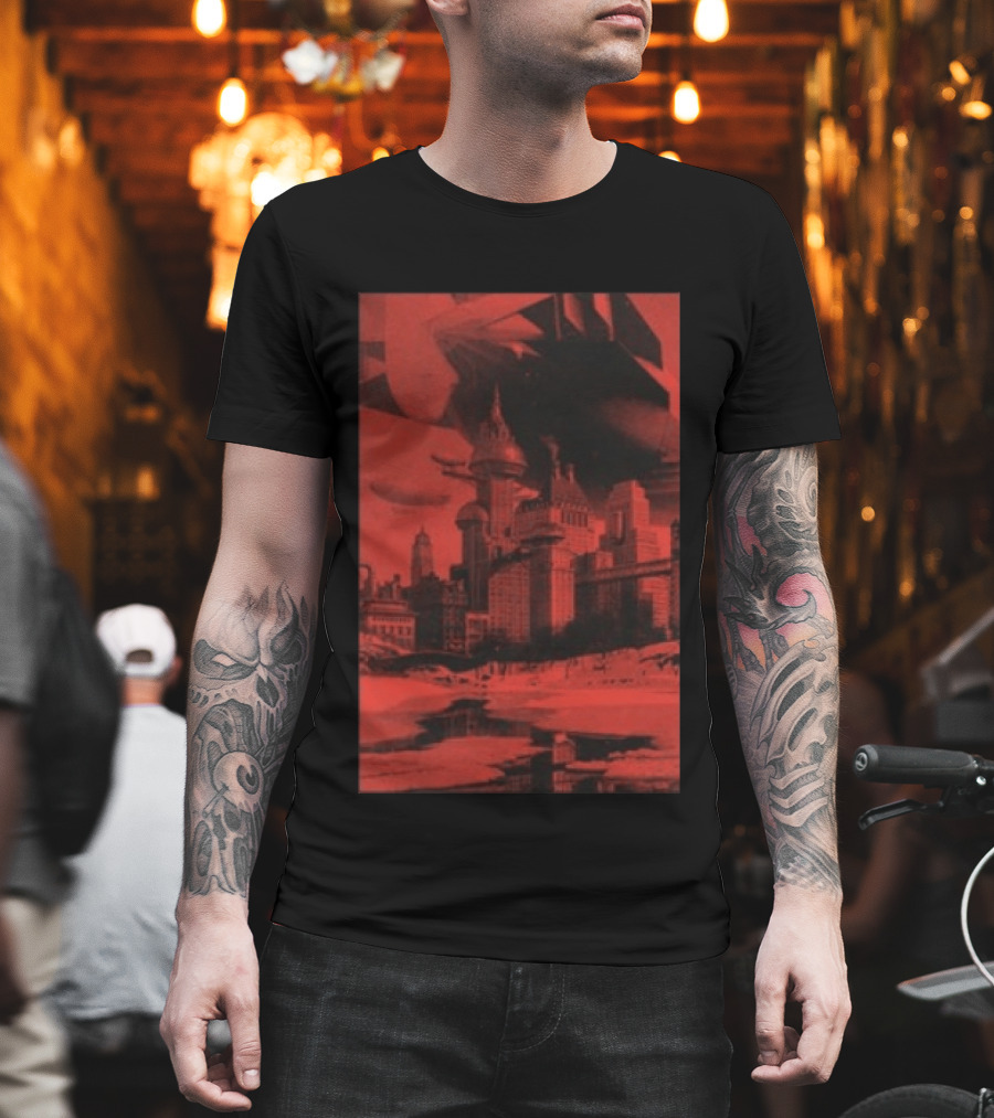 The Barbarians Of California Megatons Pull Retro Futuristic Cityscape Airships T-Shirt
